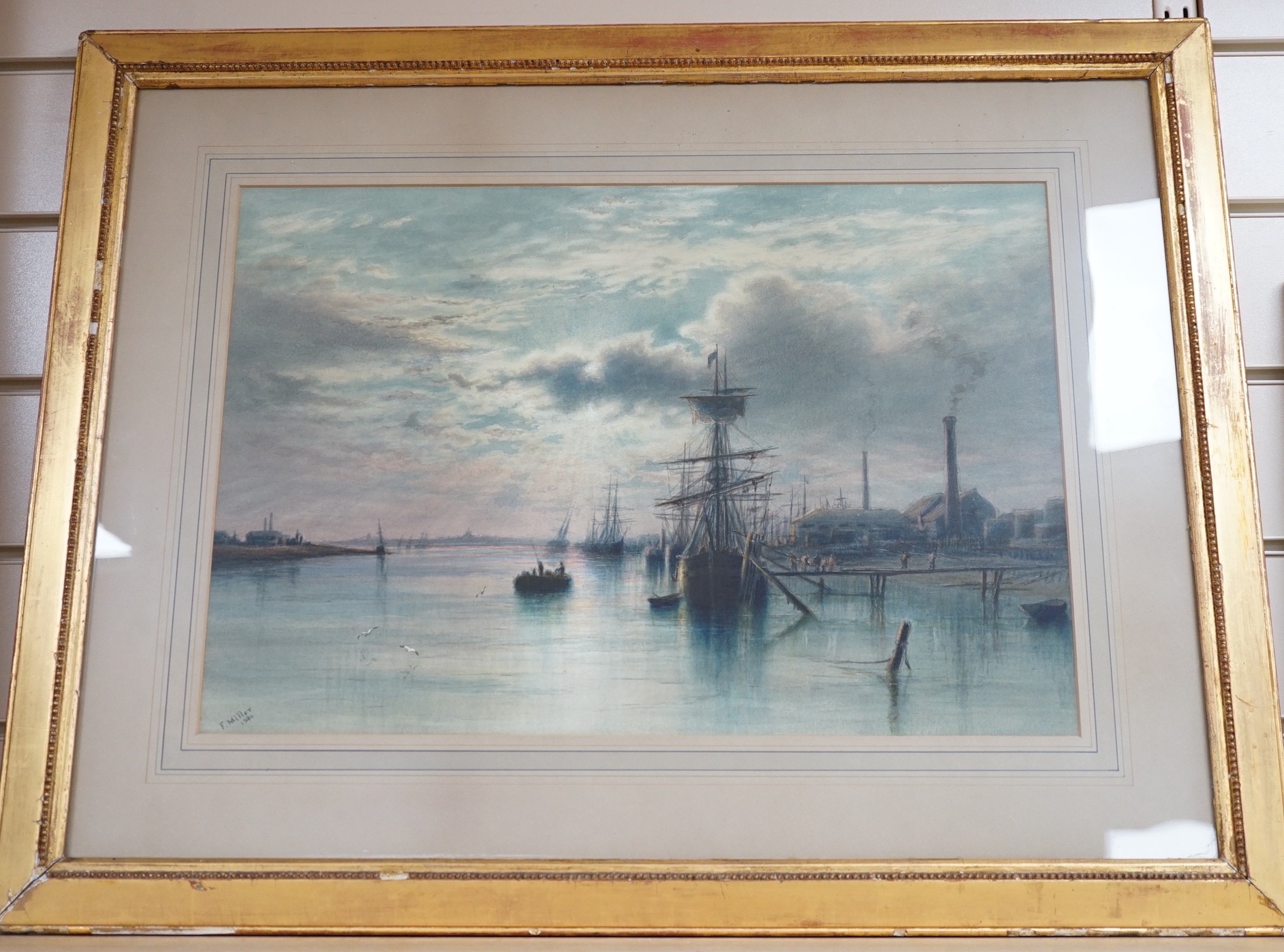 Frederick Miller (Exh c. 1880 - 1892), watercolour, Merchant ships moored in Shoreham harbour, signed and dated 1880, 32 x 46cm